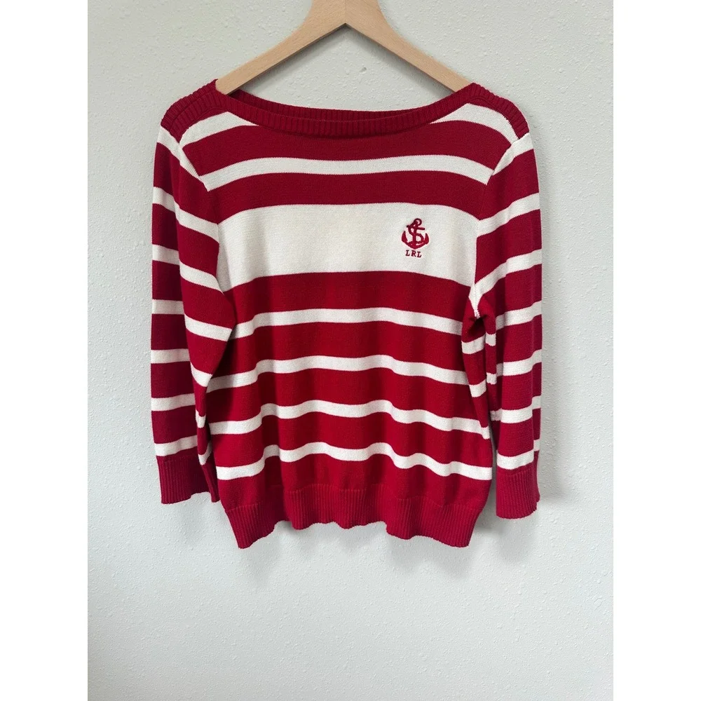 Lauren Ralph Lauren‎ Sweater Womens XL Red White Striped Nautical Anchor Preppy